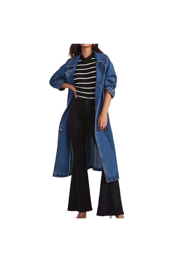 Women'S Casual Double Breasted Long Denim Trench Coat Jean Jacket Trenchcoat with Belt Duster Blue L