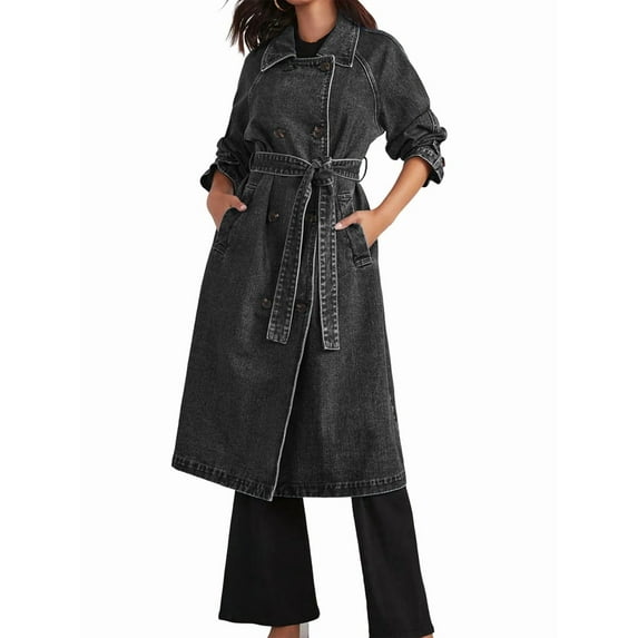 Women'S Casual Double Breasted Long Denim Trench Coat Jean Jacket Trenchcoat with Belt Duster Coat Black L