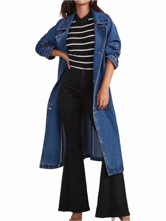 Women'S Casual Double Breasted Long Denim Trench Coat Jean Jacket Trenchcoat with Belt Duster Coat Denim Blue L
