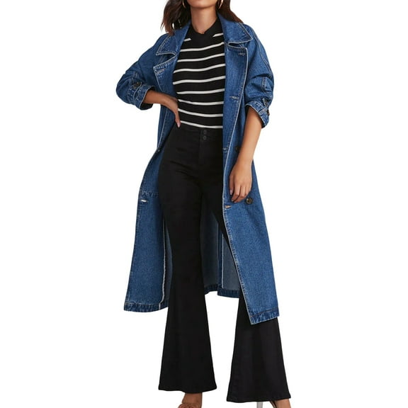 Women'S Casual Double Breasted Long Denim Trench Coat Jean Jacket Trenchcoat with Belt Duster Coat Denim Blue M