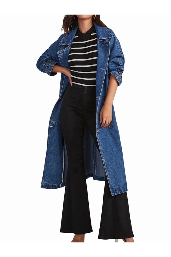 Women'S Casual Double Breasted Long Denim Trench Coat Jean Jacket Trenchcoat with Belt Duster Coat Denim Blue S