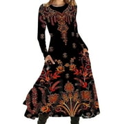 Women'S Casual Dress Casual Boho Floral Long Sleeve Crew Neck Fall Flowyes Maxi Dresses For Women 2024