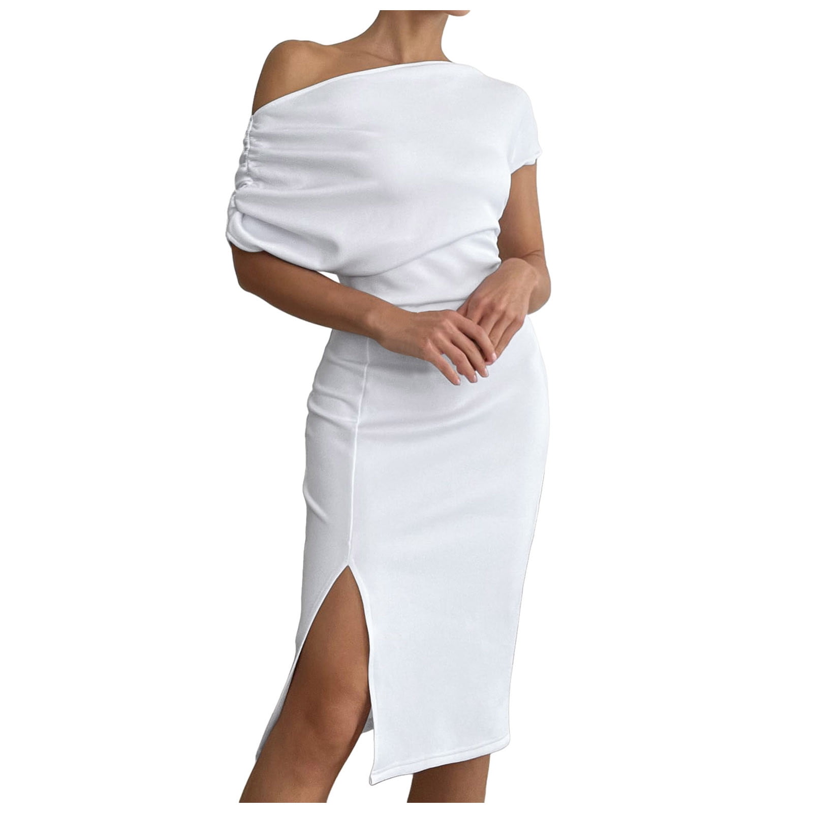 Women'S Casual Dress Elegant Off Shoulder Split Hem Bodycon Ruched Midi ...