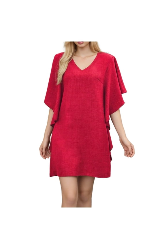 Women'S Casual Dress Lady'S Summer Color Loose Leaf Edge Flowing V Neck Dress Dresses Red 2XL