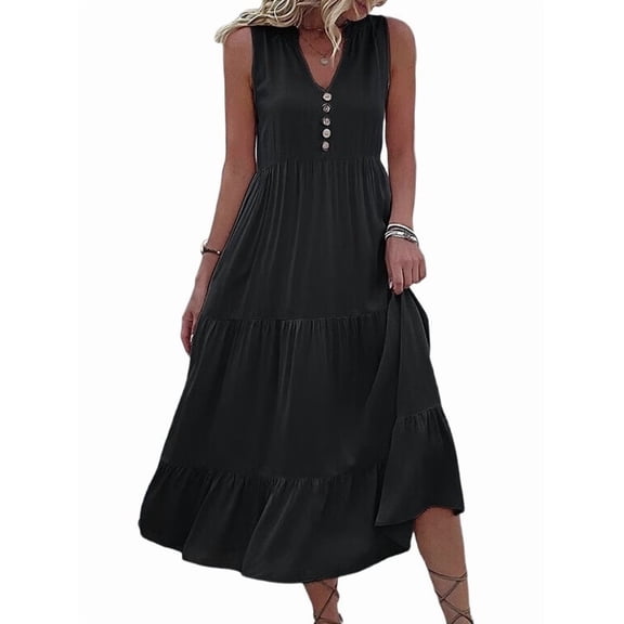 Women'S Casual Dress Sleeveless V Neck Button Beach Sundress Tiered Ruffle Flows Skirt Midi Dresses Black S