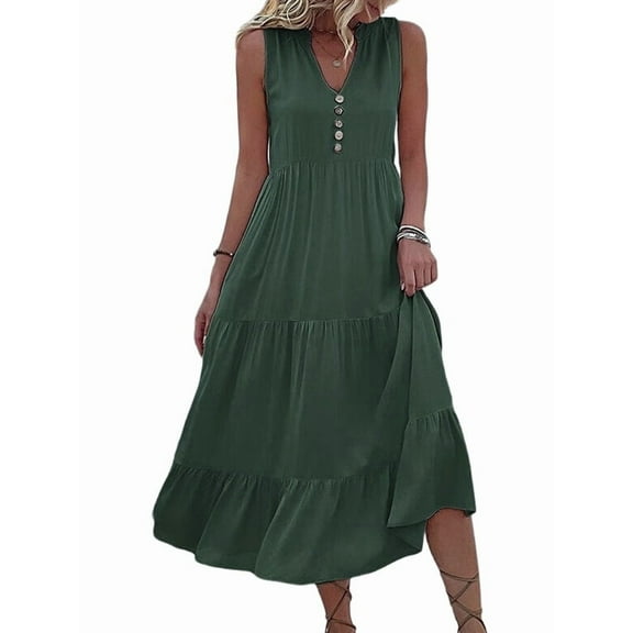 Women'S Casual Dress Sleeveless V Neck Button Beach Sundress Tiered Ruffle Flows Skirt Midi Dresses Green XL