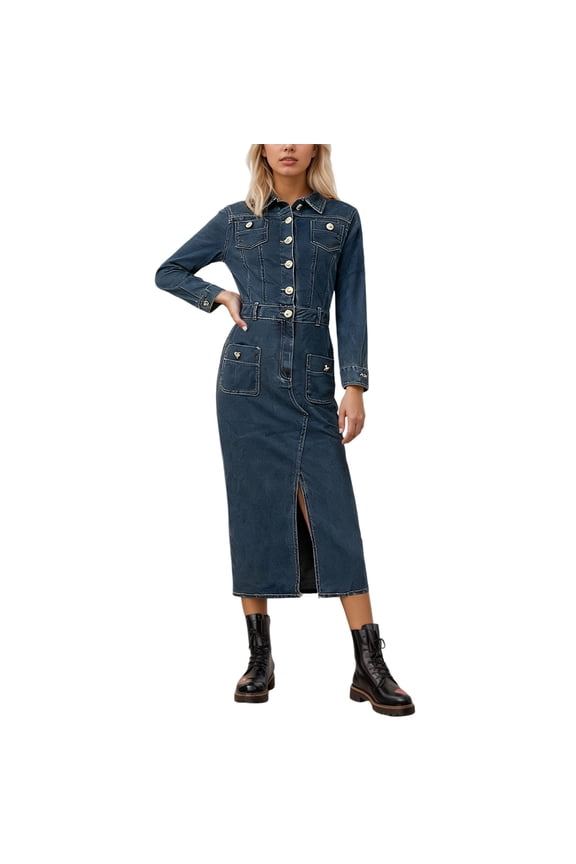 Women'S Casual Dress Stylish Denim Shirt Dress With Long Sleeves And Turn Down Collar For Casual Mid Length Everyday Wear Dresses Blue XL