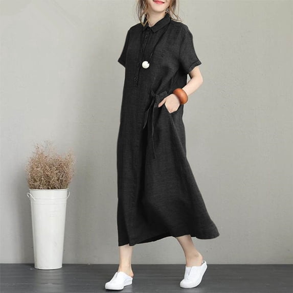 Women'S Casual Dress, Summer Short Sleeve Lapel Dress with Pockets, Loose Fit Ankle-Length Polyester Dress for Daily Wear