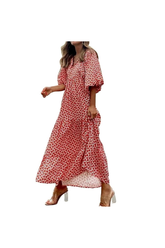 Women'S Casual Dresses Geometric Printed Bubble Sleeved Dress Street Oversized Women's Clothing Mommy And Me Easter Dresses Denim Dress For Women Plus Size Summer Dresses For Women Vestidos De Gala La