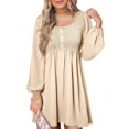 thumbnail image 1 of Women'S Casual Dresses Smocked Crewneck Button Up Long Sleeve Waist A-Line Mini Dress Apricot Color M, 1 of 9
