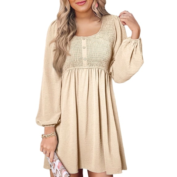 Women'S Casual Dresses Smocked Crewneck Button Up Long Sleeve Waist A-Line Mini Dress Apricot Color M