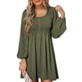 thumbnail image 1 of Women'S Casual Dresses Smocked Crewneck Button Up Long Sleeve Waist A-Line Mini Dress Green S, 1 of 8