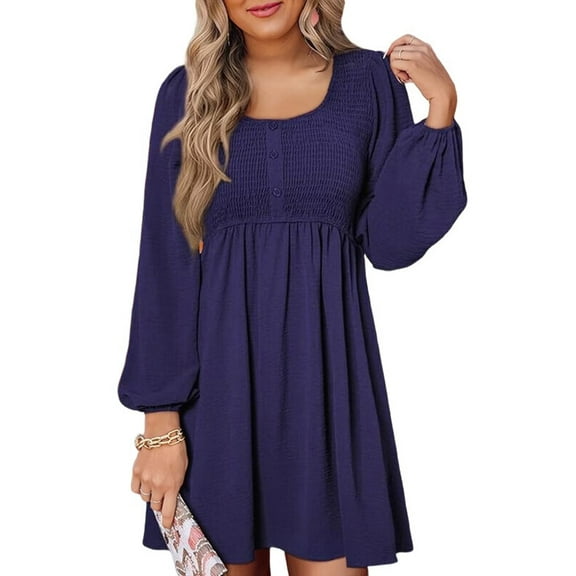Women'S Casual Dresses Smocked Crewneck Button Up Long Sleeve Waist A-Line Mini Dress Navy Blue L