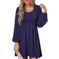 thumbnail image 1 of Women'S Casual Dresses Smocked Crewneck Button Up Long Sleeve Waist A-Line Mini Dress Navy Blue XXL, 1 of 8