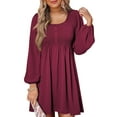 thumbnail image 1 of Women'S Casual Dresses Smocked Crewneck Button Up Long Sleeve Waist A-Line Mini Dress Red XXL, 1 of 9