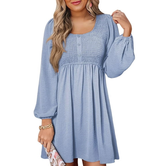 Women'S Casual Dresses Smocked Crewneck Button Up Long Sleeve Waist A-Line Mini Dress Sky Blue M