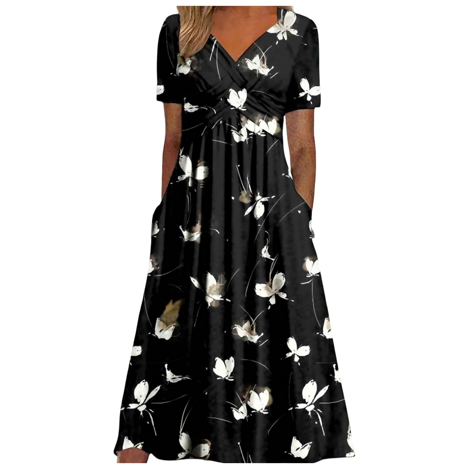 Women'S Casual Dresses Women Fashion Casual Pocket Short Sleeve Printed