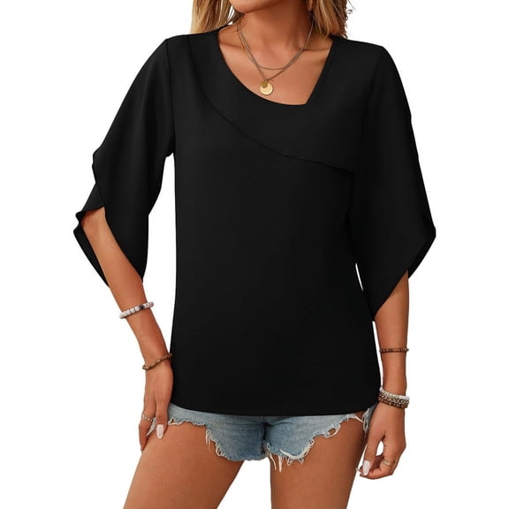 Women'S Casual Dressy Blouses Asymmetrical V Neck Business Work Tops Ruffle Sleeve Summer Shirts Black S