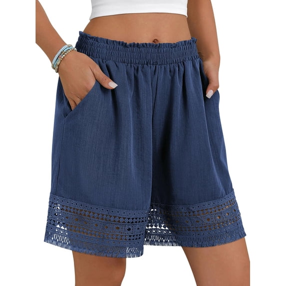 Women'S Casual Elastic Waist Lounge Shorts Comfy Lace Trim Summer Beach Linen Ruffle Shorts Deep Blue M