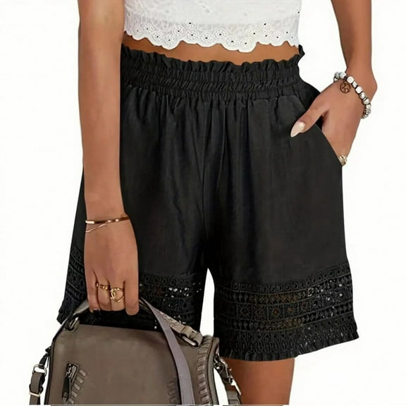 Women'S Casual Elastic Waist Lounge Shorts Comfy Stretch Lace Trim Summer Beach Linen Ruffle Shorts Black M