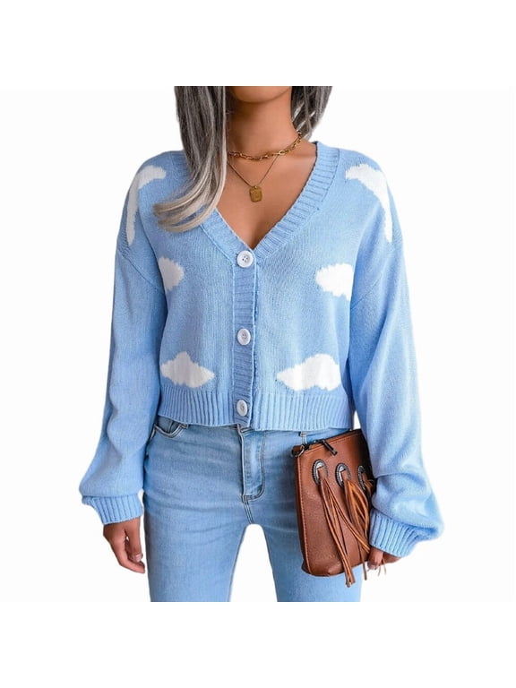 Women'S Casual Elegant Cloud Print Cropped Button Front Long Sleeve V Neck Knit Cardigan Blue M