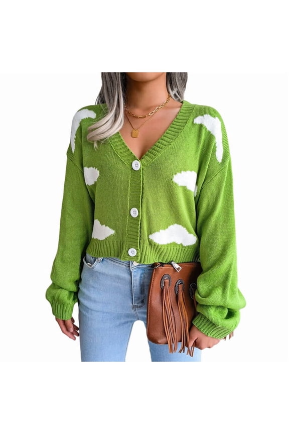 Women'S Casual Elegant Cloud Print Cropped Button Front Long Sleeve V Neck Knit Cardigan Green M