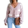 thumbnail image 1 of Women'S Casual Elegant Cloud Print Cropped Button Front Long Sleeve V Neck Knit Cardigan Pink S, 1 of 8