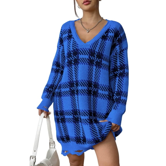 Women'S Casual Fall V Neck Long Sleeve Loose Fit Pattern Warm Pullover Dress Mini Jumper Sweater Dress Blue One size