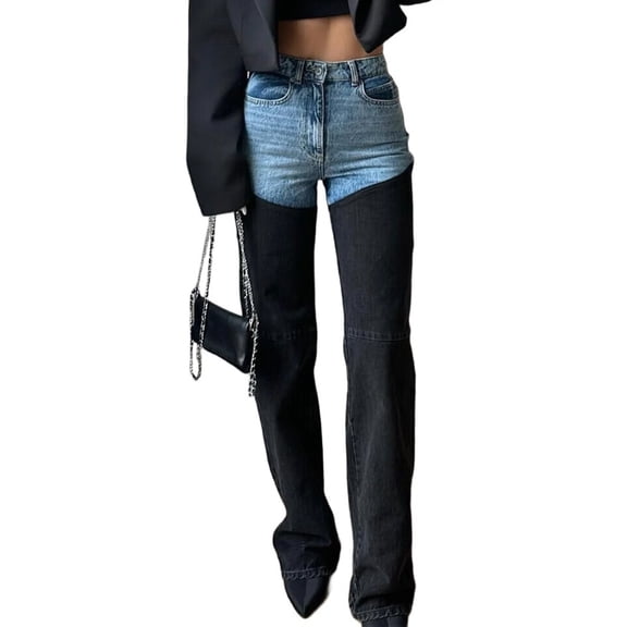 Women'S Casual Fashion Jeans Straight Leg Trouser with Color Block Patchwork Design Blue-Black L