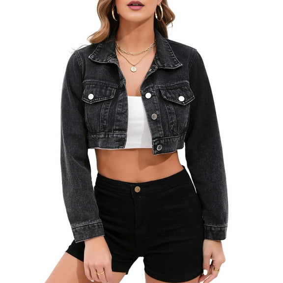 Women'S Casual Fashion Lapel Long Sleeve Short Denim Jacket Black XS