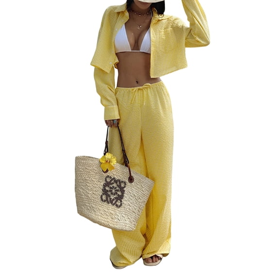Women'S Casual Fashion Striped Two Piece Set Matching Top and Bottoms Lounge Wear Summer Outfit Yellow S