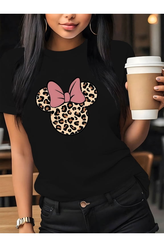 Women'S Casual Graphic Print T-Shirt - Short Sleeve Crew Neck, Leopard Print Bow Design, Lightweight Polyester, Perfect for Spring & Summer Outfits, Leopard Print Blouse