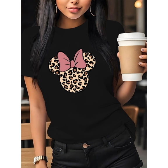 Women'S Casual Graphic Print T-Shirt - Short Sleeve Crew Neck, Leopard Print Bow Design, Lightweight Polyester, Perfect for Spring & Summer Outfits, Leopard Print Blouse