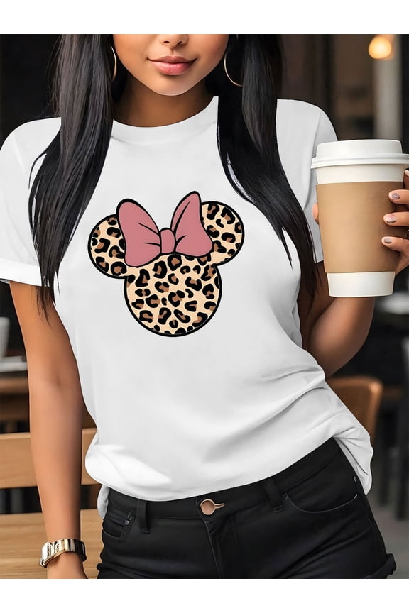 Women'S Casual Graphic Print T-Shirt - Short Sleeve Crew Neck, Leopard Print Bow Design, Lightweight Polyester, Perfect for Spring & Summer Outfits, Leopard Print Blouse