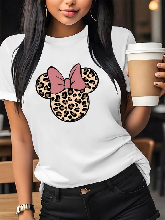 Women'S Casual Graphic Print T-Shirt - Short Sleeve Crew Neck, Leopard Print Bow Design, Lightweight Polyester, Perfect for Spring & Summer Outfits, Leopard Print Blouse