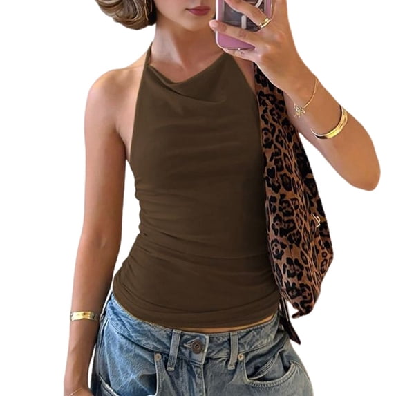 Women'S Casual Halter Neck Draped Front Open Back Tank Top Brown M