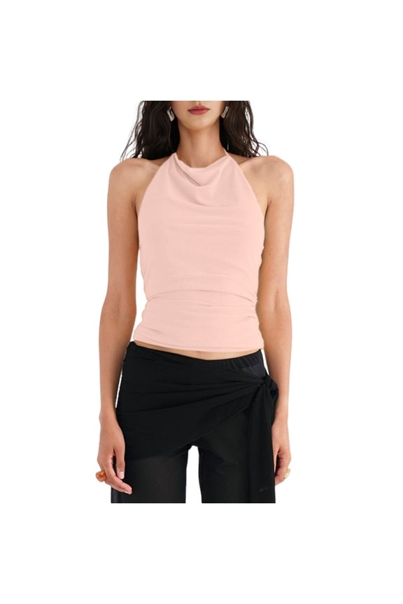 Women'S Casual Halter Neck Draped Front Open Back Tank Top Light Pink L