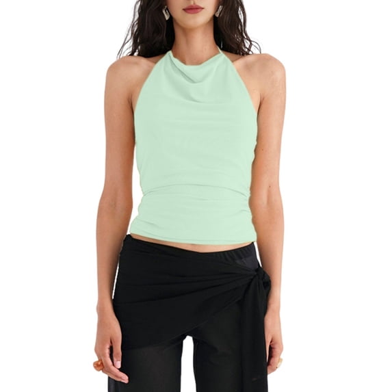 Women'S Casual Halter Neck Draped Front Open Back Tank Top Yellow M