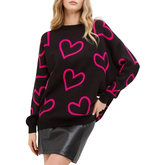 Women'S Casual Heart Print Crew Neck Long Sleeve Knit Top Loose Pullover Sweater Black One Size