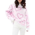 thumbnail image 1 of Women'S Casual Heart Print Crew Neck Long Sleeve Knit Top Loose Pullover Sweater Pink One Size, 1 of 5