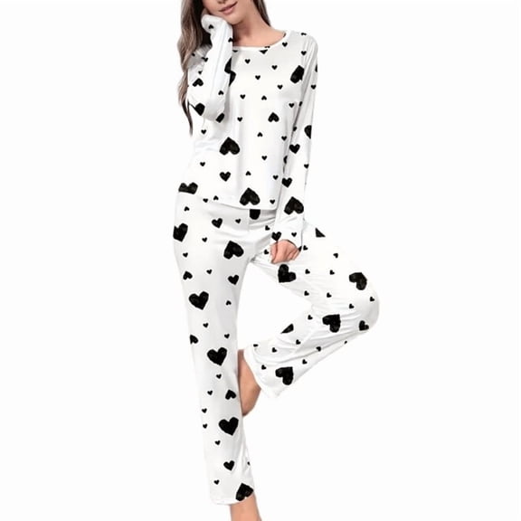 Women'S Casual Heart Print Sleepwear Set Round Neck Pajamas Loungewear Comfy Two Piece Set Black Heart M