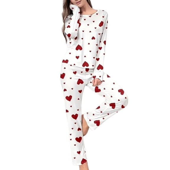 Women'S Casual Heart Print Sleepwear Set Round Neck Pajamas Loungewear Comfy Two Piece Set M