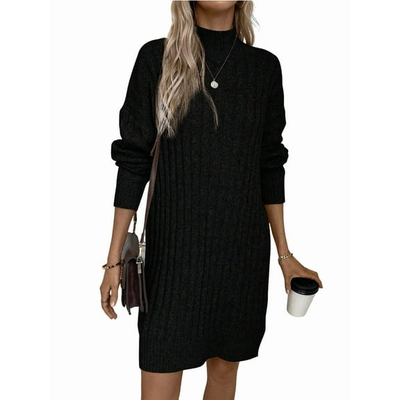 Women'S Casual High-Neck Long-Sleeved Knitted Dress Autumn and Winter Solid Color Pullover Hip Skirt Black XL