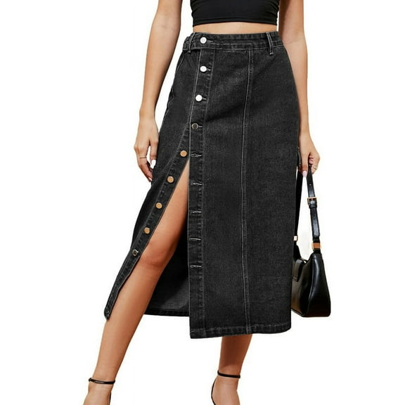 Parfaitlady Women'S Casual High Waist Denim Mid Skirt Slit Button Up Jean Skirts with Pockets Black & Gray XL
