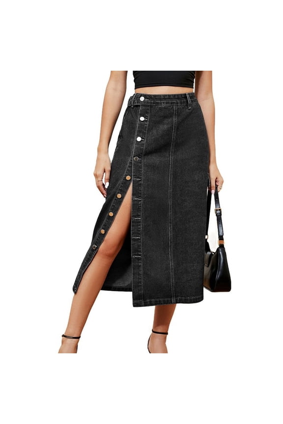 Parfaitlady Women'S Casual High Waist Denim Mid Skirt Slit Button Up Jean Skirts with Pockets Black & Gray XL