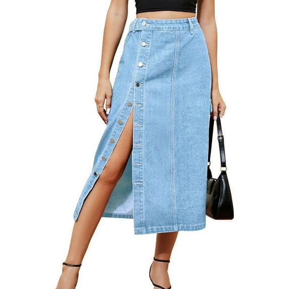 Women'S Casual High Waist Denim Mid Skirt Slit Button Up Jean Skirts with Pockets Light Blue L