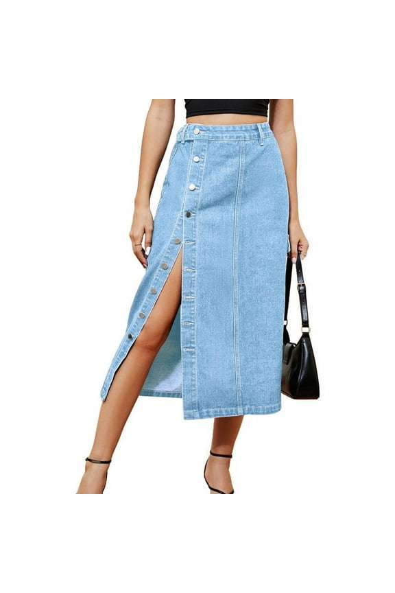Women'S Casual High Waist Denim Mid Skirt Slit Button Up Jean Skirts with Pockets Light Blue L