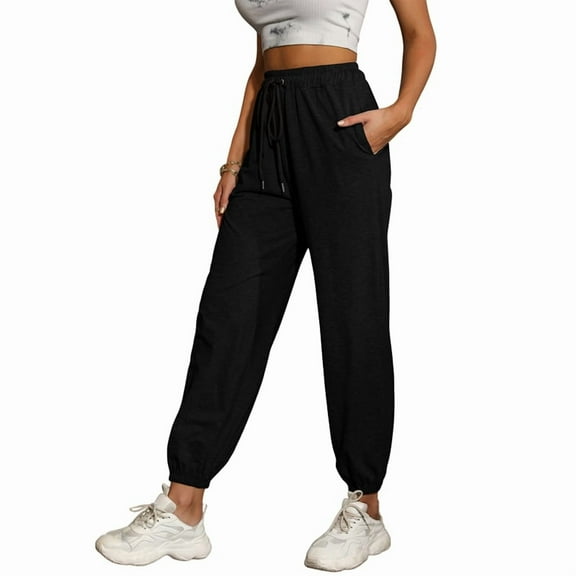 Women'S Casual High Waist Sports Pants Elastic Nine-Point Pants Black L