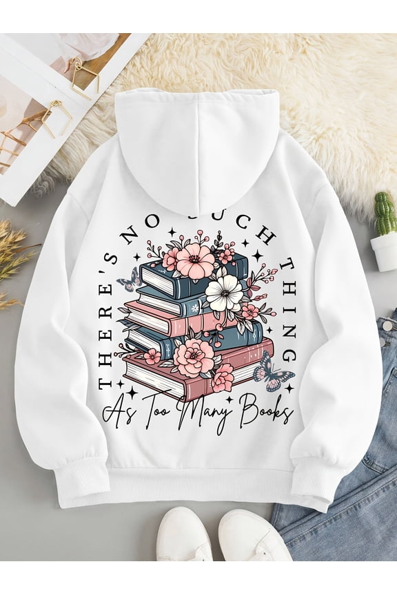 Women'S Casual Hoodie with "There'S Not a Thing As Too Many Books" Print, Autumn/Winter Knit Pullover, 100% Polyester, Slight Stretch, 220g/m², Book Pattern Design, Hooded Collar