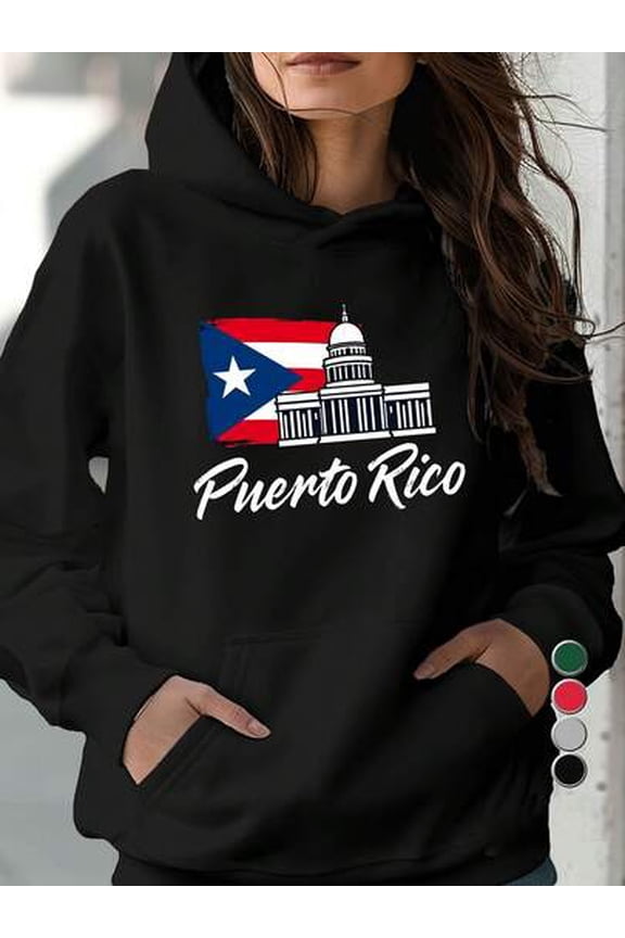 Women'S Casual Hoodie With Puerto Rico Geometric Pattern, 100 Knit Fabric, FallWinter Season, Hooded Collar, Pockets, 250gm² Weight - Green